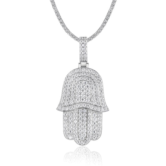 Iced Hamsa of Moissanite Fatima's Hand Pendant with Double Halo Bail (Charm) - La Pretti