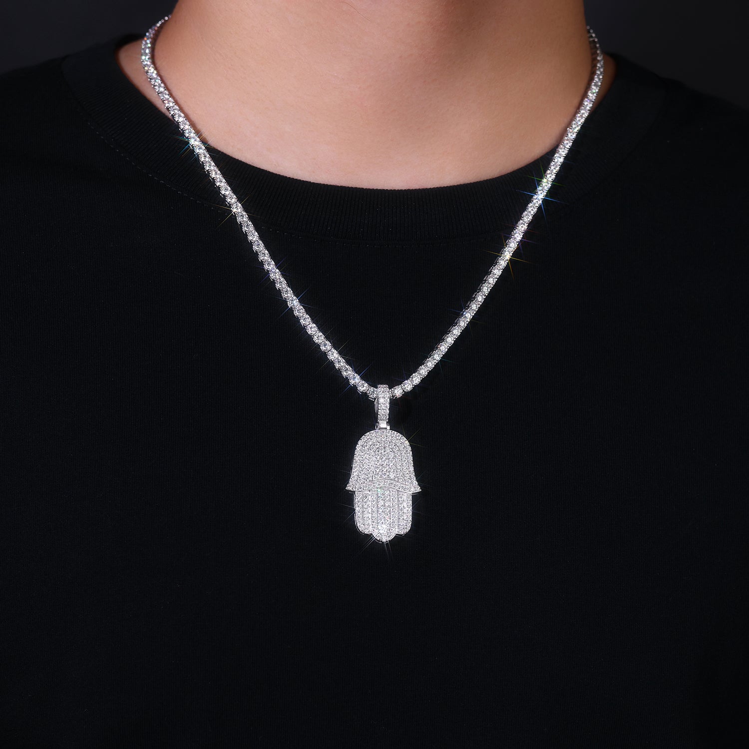 Iced Hamsa of Moissanite Fatima's Hand Pendant with Double Halo Bail (Charm) - La Pretti
