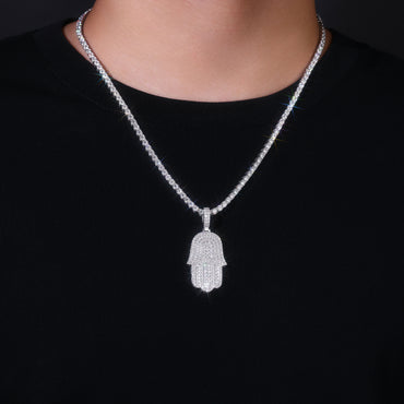 Iced Hamsa of Moissanite Fatima's Hand Pendant with Double Halo Bail (Charm) - La Pretti
