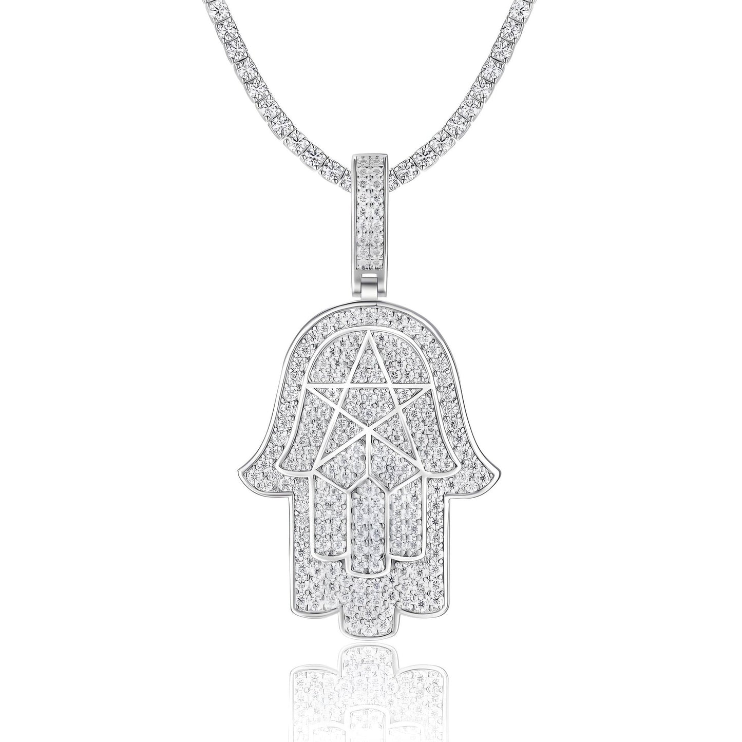 Iced Hamsa of Moissanite Pentagram in Fatima's Hand Pendant with Double Halo Bail (Charm) - La Pretti