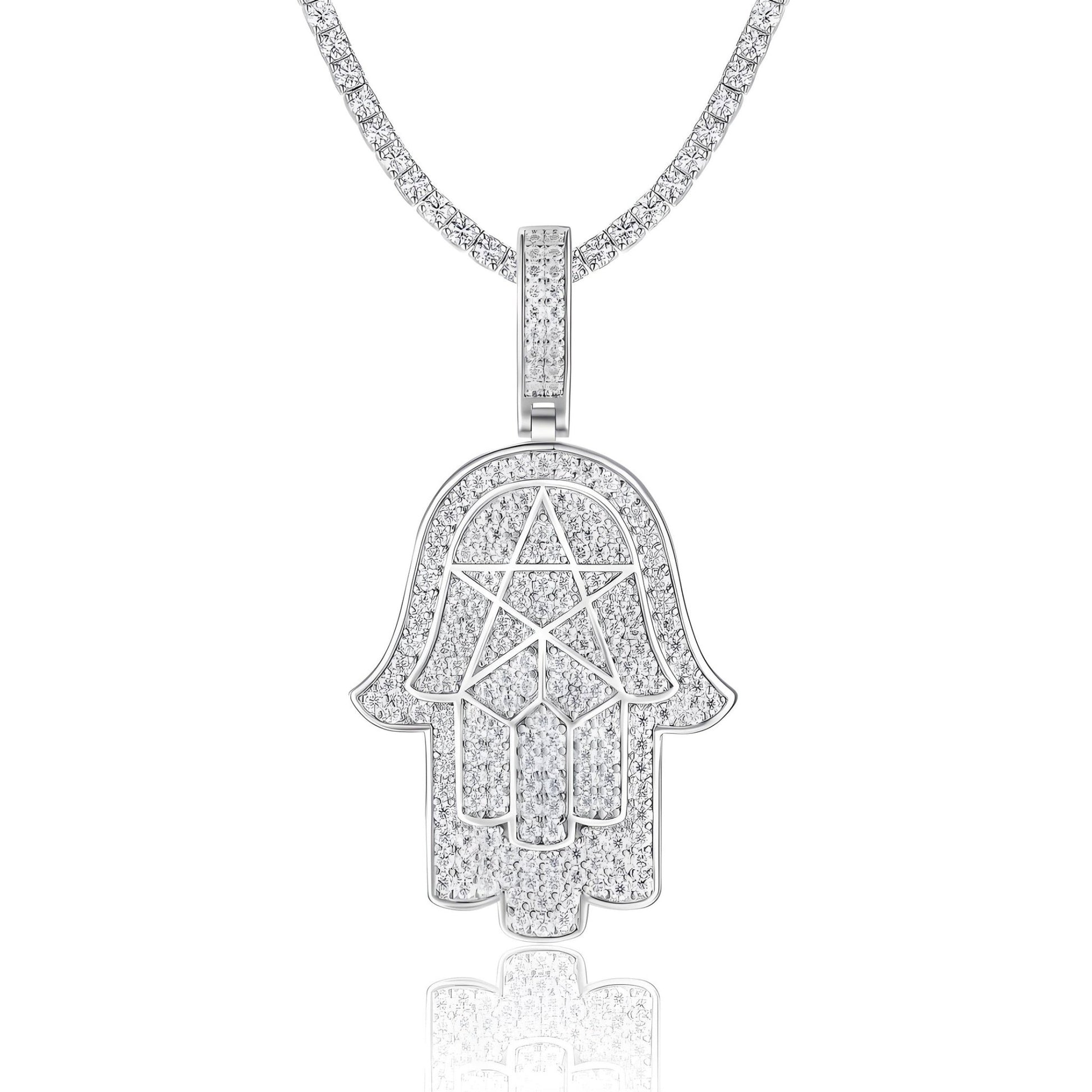 Iced Hamsa of Moissanite Pentagram in Fatima's Hand Pendant with Double Halo Bail (Charm) - La Pretti