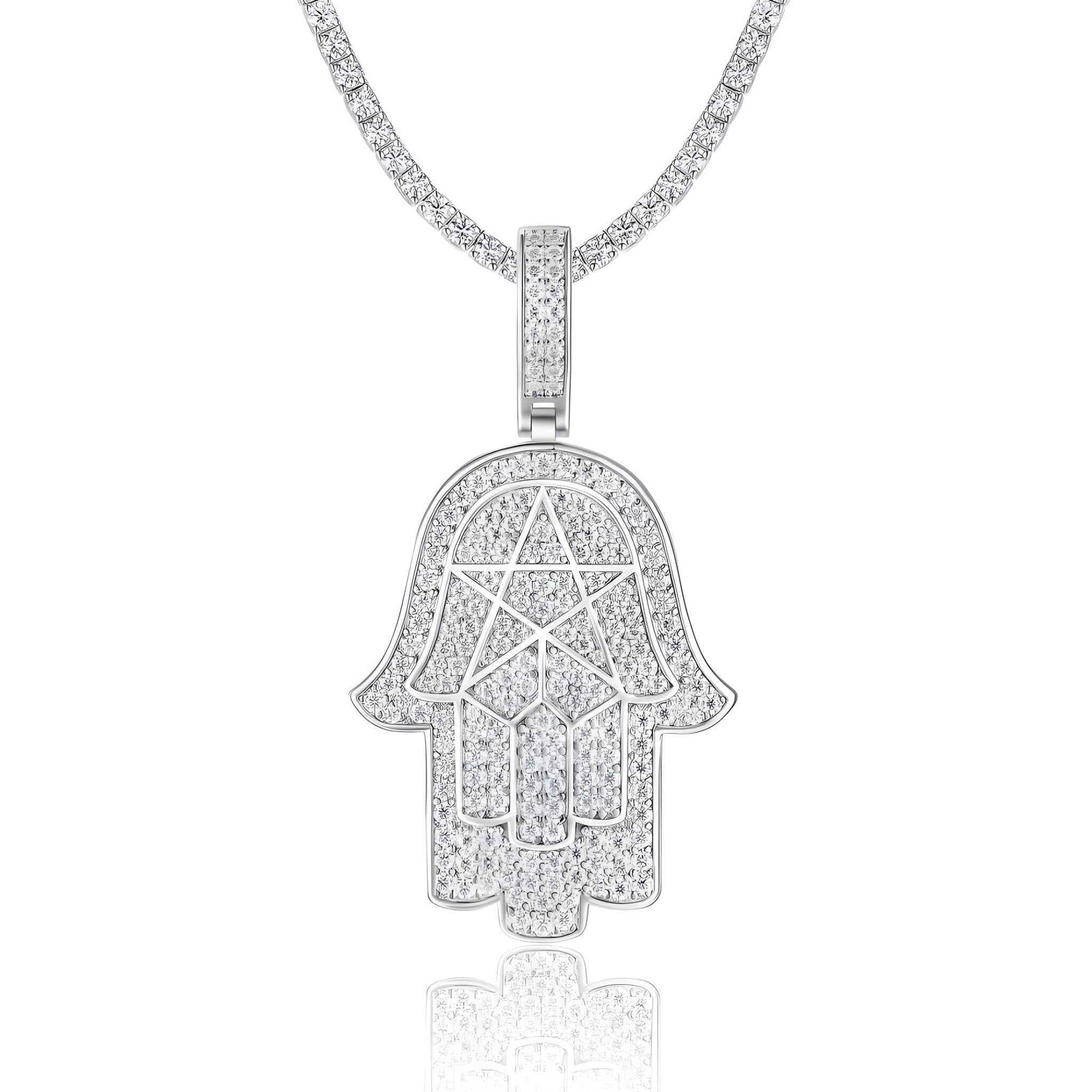 Iced Hamsa of Moissanite Pentagram in Fatima's Hand Pendant with Double Halo Bail (Charm) - La Pretti
