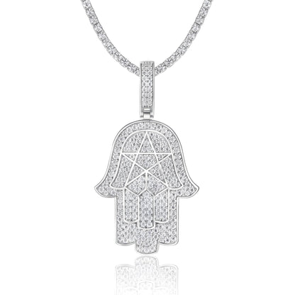 Iced Hamsa of Moissanite Pentagram in Fatima's Hand Pendant with Double Halo Bail (Charm) - La Pretti