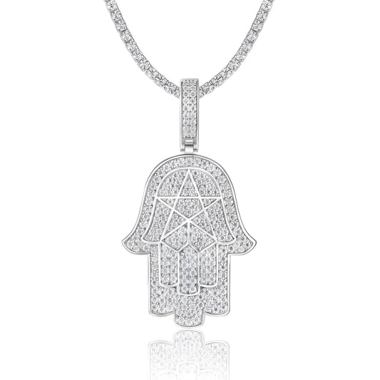 Iced Hamsa of Moissanite Pentagram in Fatima's Hand Pendant with Double Halo Bail (Charm) - La Pretti