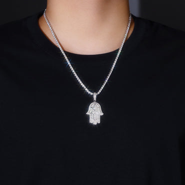 Iced Hamsa of Moissanite Pentagram in Fatima's Hand Pendant with Double Halo Bail (Charm) - La Pretti