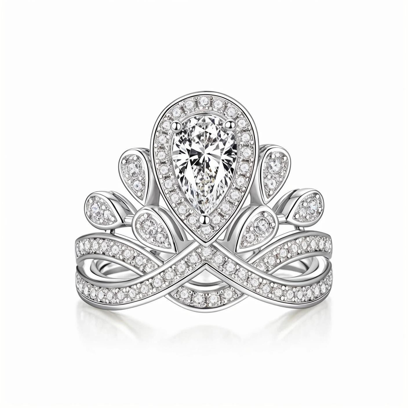 Josephine Crown Imperiale Pear Shaped Moissanite Halo Engagement Ring in Pave Setting (1ct. ) - La Pretti