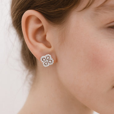 Pear Shaped Clover Moissanite Stud Earrings with Floral Halos in 18K White Gold Plated Sterling Silver Openwork Accented Border - La Pretti
