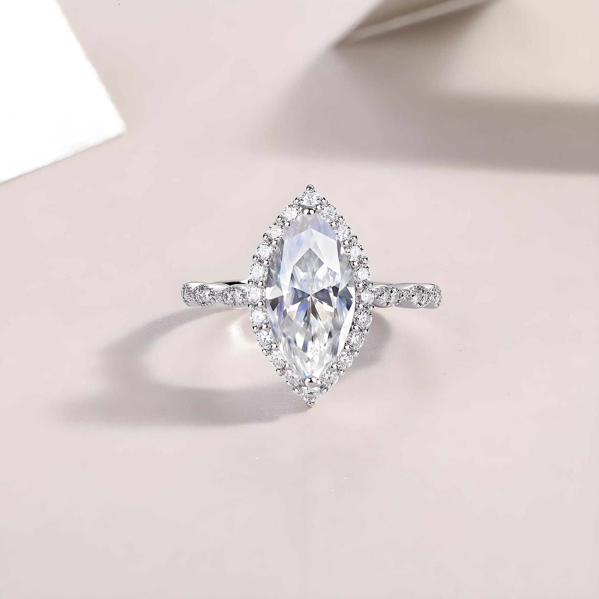 Marquise Cut Moissanite Halo Engagement Ring in Scalloped Pave Setting (3ct. ) - La Pretti