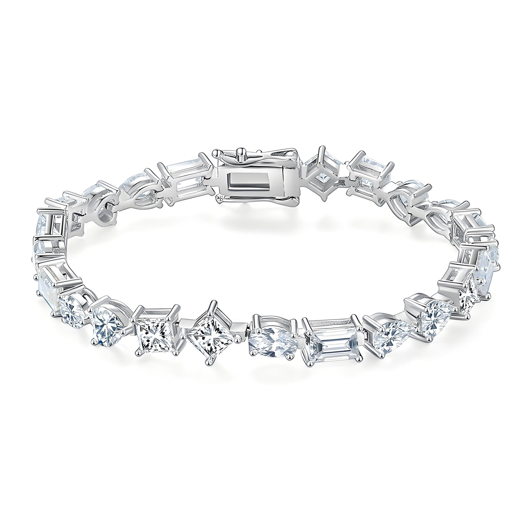 Mix - cuts Moissanite Tennis Bracelet of Multi Shaped with Tab - inserted Clasp - La Pretti