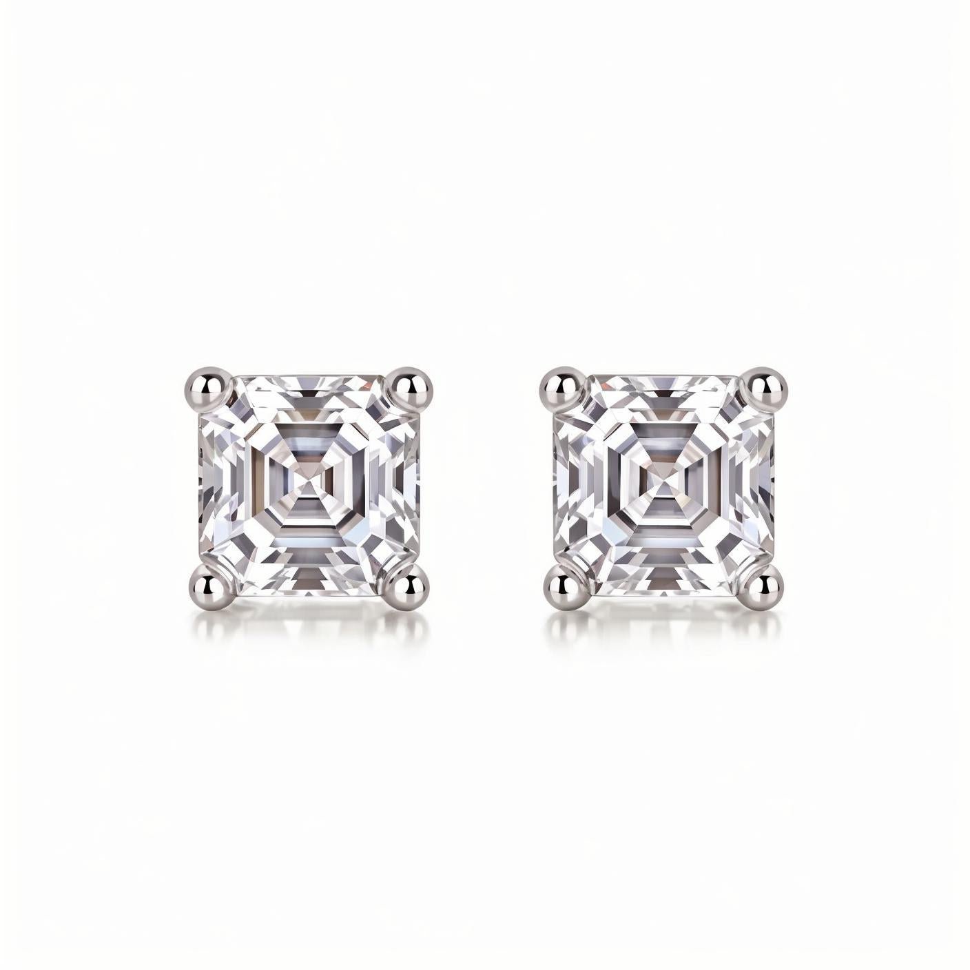 Asscher Moissanite Stud Earrings in 18K White Gold Plated Sterling Silver (2ct. ) - La Pretti