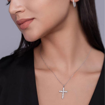 Cross Moissanite Round Pave Pendant Necklace with Standard Bail - La Pretti