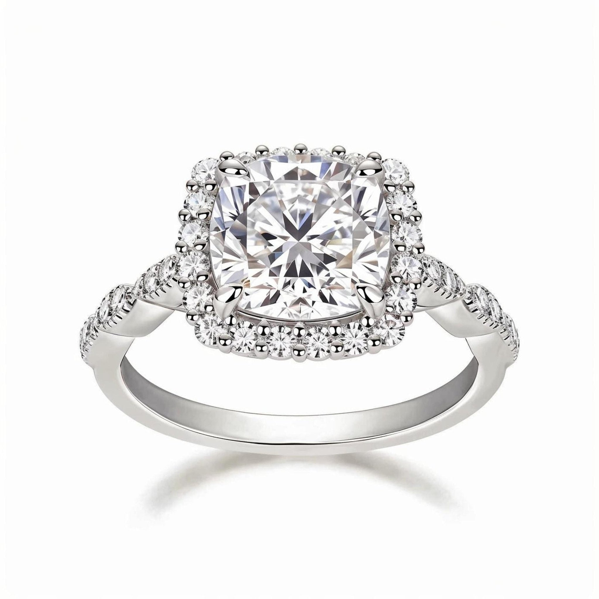 Cushion Cut Moissanite Halo Engagement Ring in Scalloped Pave Setting (3ct. ) - La Pretti