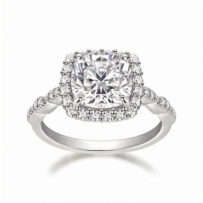 Cushion Cut Moissanite Halo Engagement Ring in Scalloped Pave Setting (3ct. ) - La Pretti