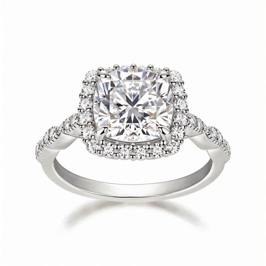 Cushion Cut Moissanite Halo Engagement Ring in Scalloped Pave Setting (3ct. ) - La Pretti