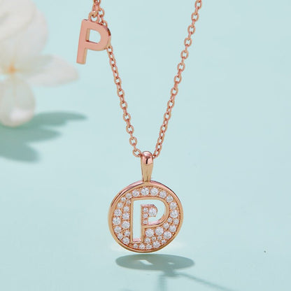 Initial 'P' Letter Medallion Customized Moissanite Necklace in 18K Rose Golden Plated Sterling Silver - La Pretti