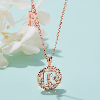 Initial 'R' Letter Medallion Customized Moissanite Necklace in 18K Rose Golden Plated Sterling Silver - La Pretti