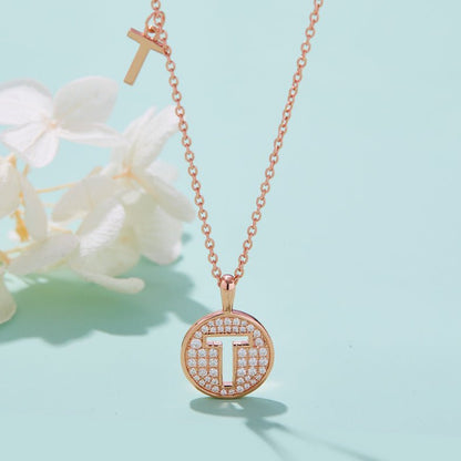 Initial 'T' Letter Medallion Customized Moissanite Necklace in 18K Rose Golden Plated Sterling Silver - La Pretti