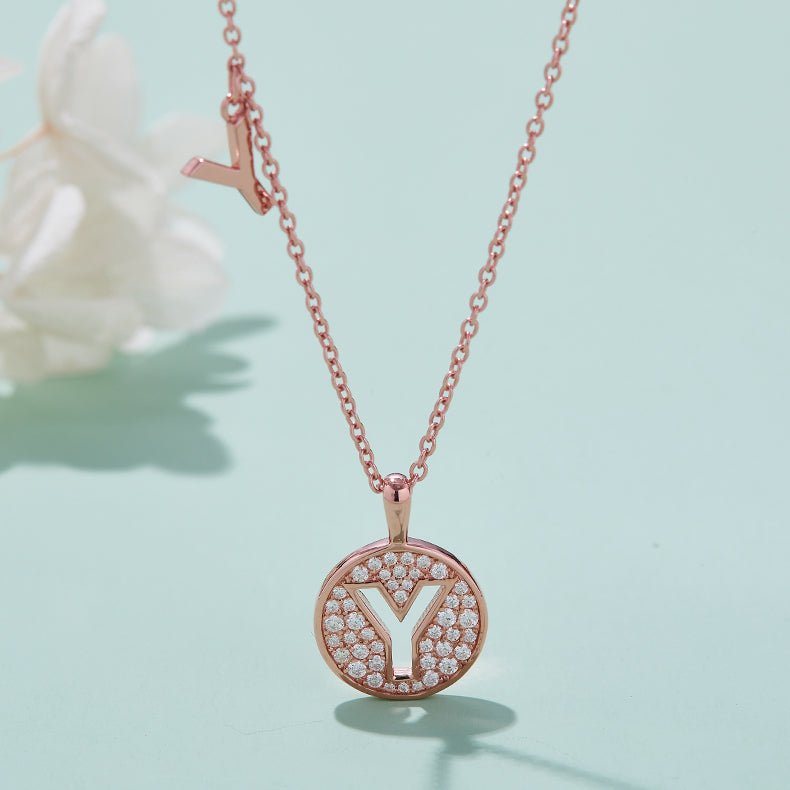 Initial 'Y' Letter Medallion Customized Moissanite Necklace in 18K Rose Golden Plated Sterling Silver - La Pretti