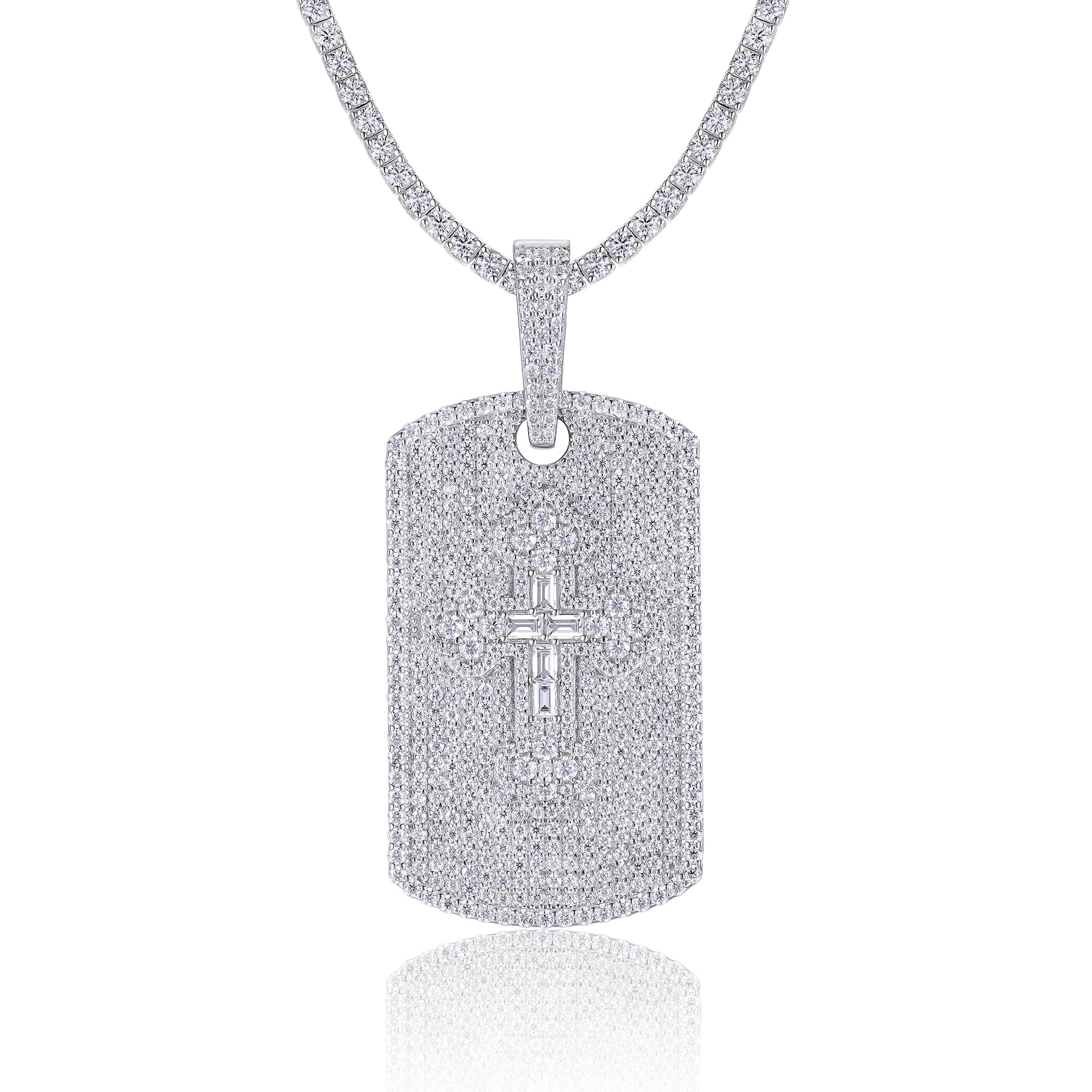 Full Pave Tag of Moissanite Greek Orthodox Cross Pendant with Halo Bail (Charm) - La Pretti