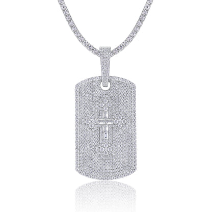 Full Pave Tag of Moissanite Greek Orthodox Cross Pendant with Halo Bail (Charm) - La Pretti
