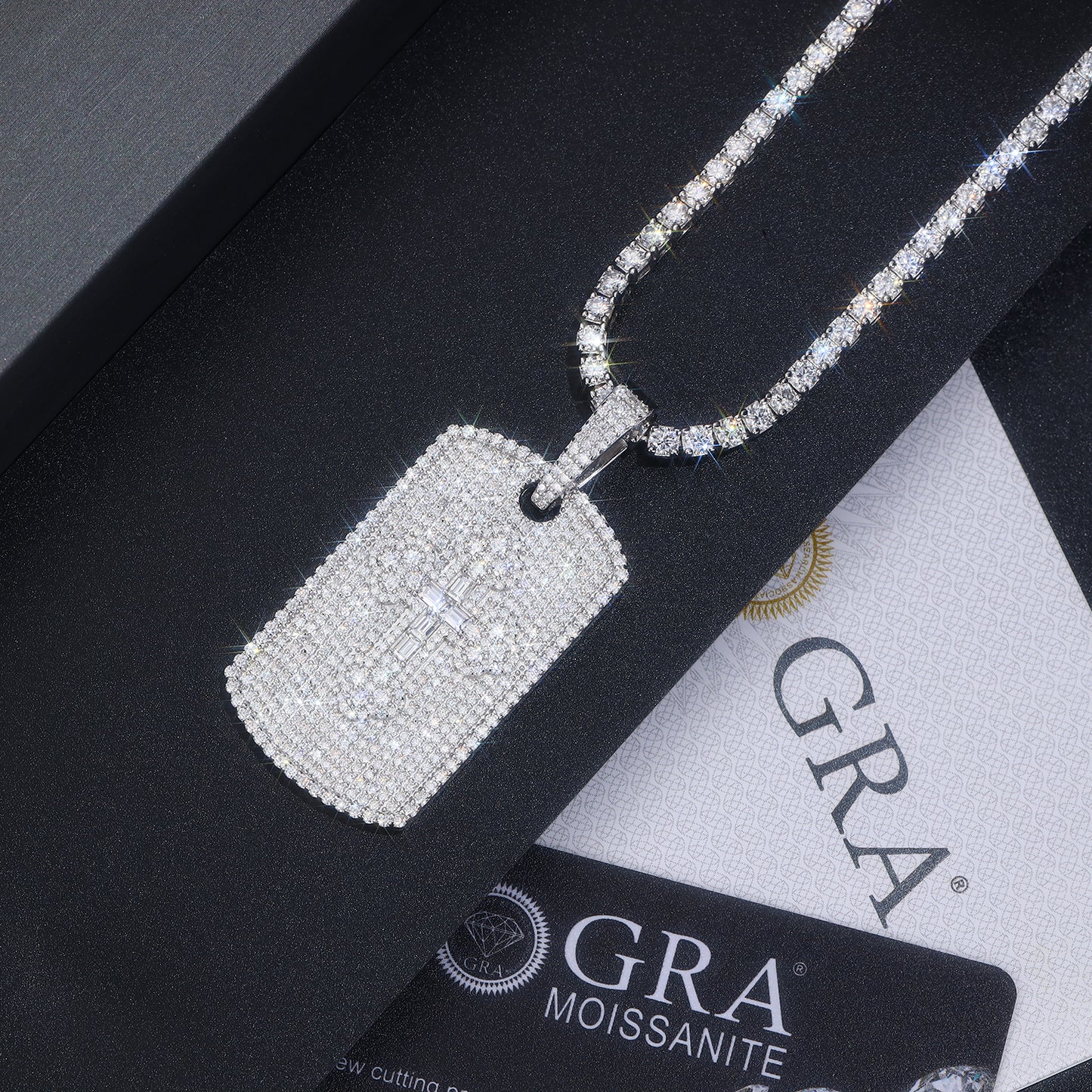 Full Pave Tag of Moissanite Greek Orthodox Cross Pendant with Halo Bail (Charm) - La Pretti