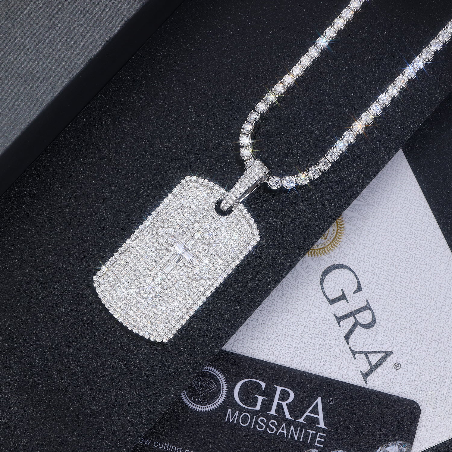 Full Pave Tag of Moissanite Greek Orthodox Cross Pendant with Halo Bail (Charm) - La Pretti