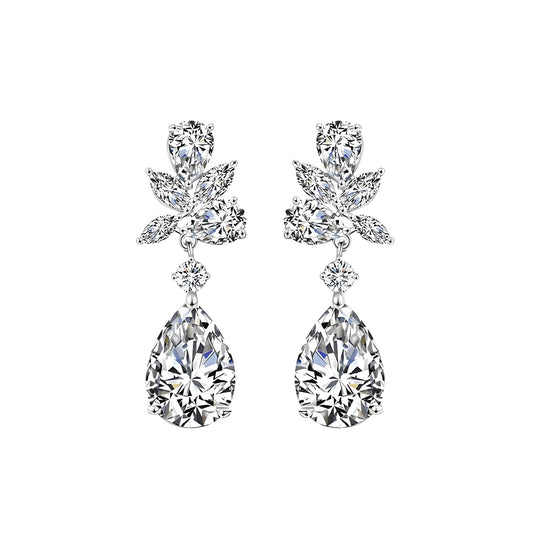 Botanical Double Moissanite Drop Earrings in 18K White Gold Plated Sterling Silver (6ct. ) - La Pretti