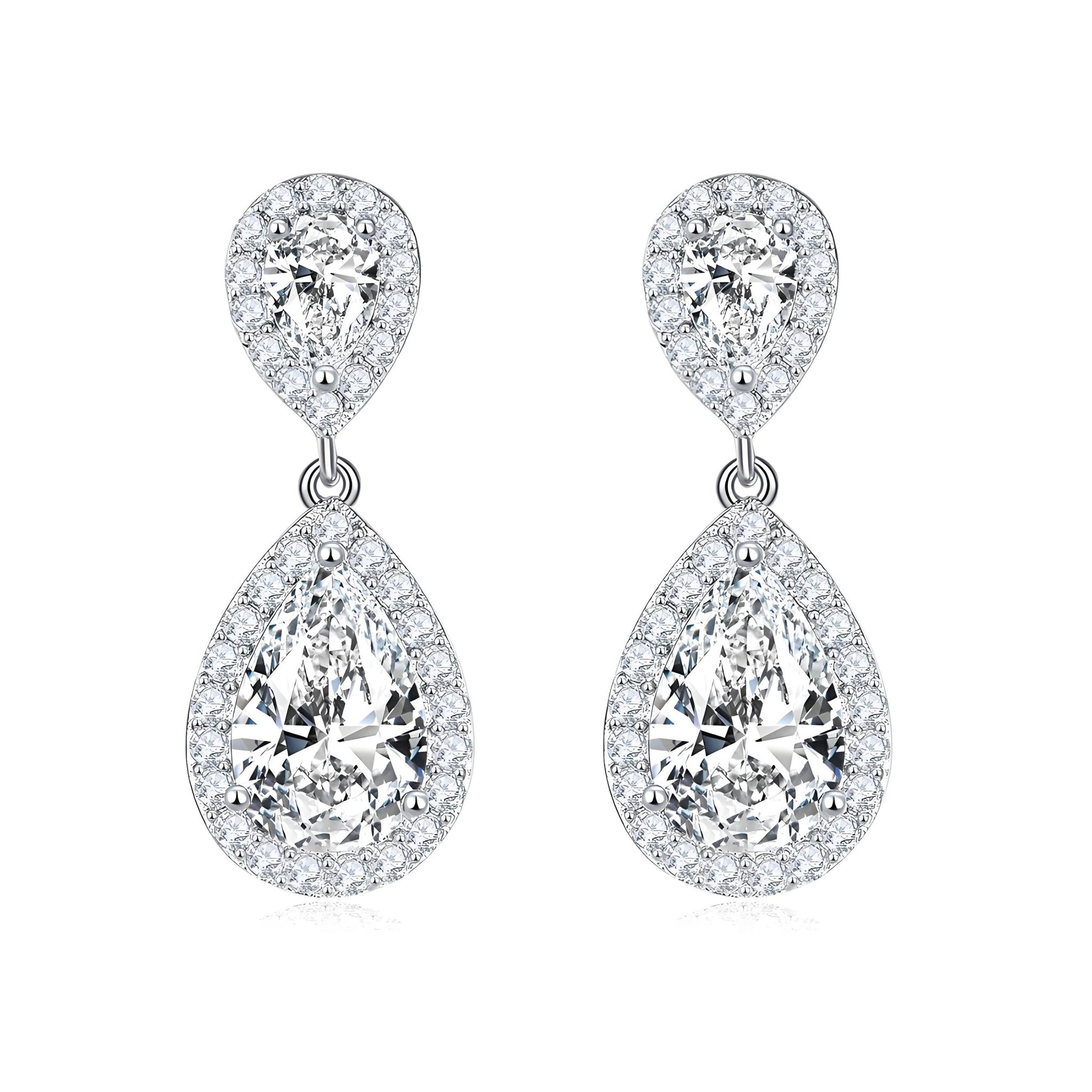 Double Teardrop Moissanite Drop Earrings with Halo Settings in 18K White Gold Plated Sterling Silver (3ct. ) - La Pretti