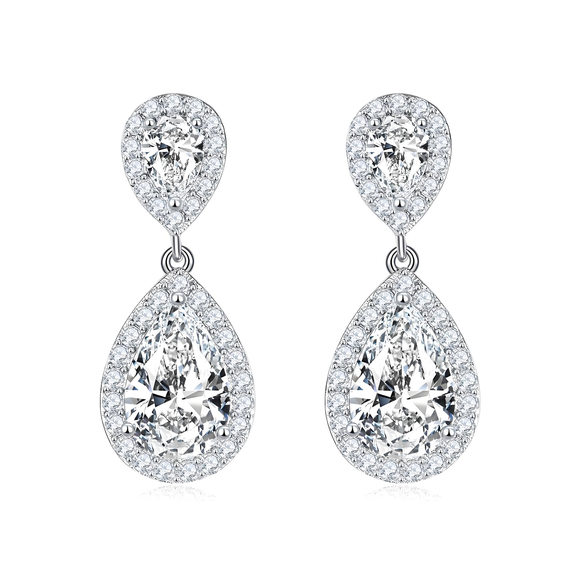 Double Teardrop Moissanite Drop Earrings with Halo Settings in 18K White Gold Plated Sterling Silver (3ct. ) - La Pretti