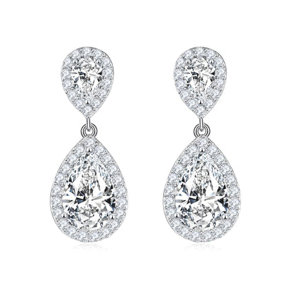Double Teardrop Moissanite Drop Earrings with Halo Settings in 18K White Gold Plated Sterling Silver (3ct. ) - La Pretti