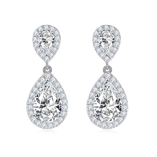 Double Teardrop Moissanite Drop Earrings with Halo Settings in 18K White Gold Plated Sterling Silver (3ct. ) - La Pretti