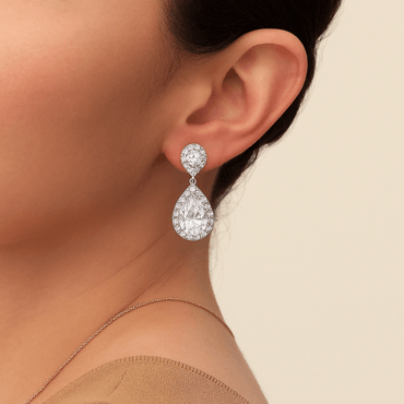 Double Teardrop Moissanite Drop Earrings with Halo Settings in 18K White Gold Plated Sterling Silver (3ct. ) - La Pretti