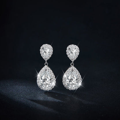 Double Teardrop Moissanite Drop Earrings with Halo Settings in 18K White Gold Plated Sterling Silver (3ct. ) - La Pretti