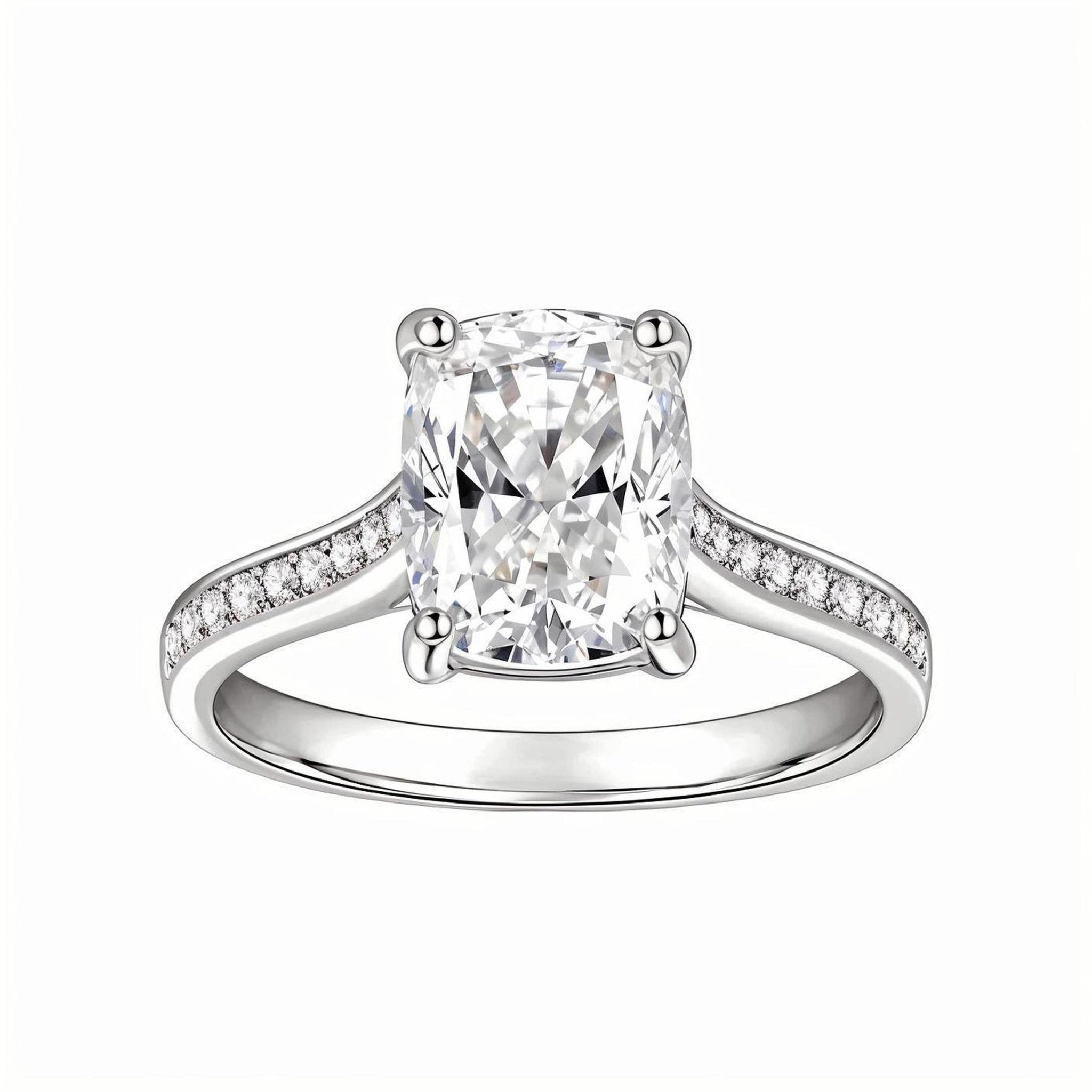 Elongated Cushion Cut Moissanite Solitaire Engagement Ring in Cathedral Channel Pave Setting (3ct. ) - La Pretti