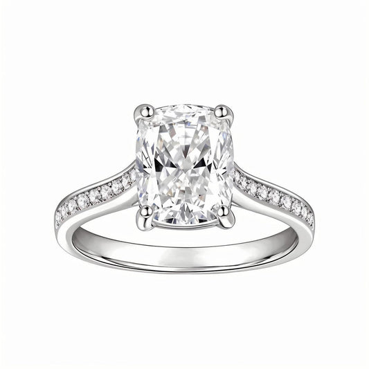 Elongated Cushion Cut Moissanite Solitaire Engagement Ring in Cathedral Channel Pave Setting (3ct. ) - La Pretti