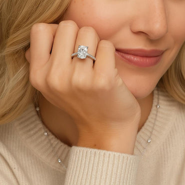 Elongated Cushion Cut Moissanite Solitaire Engagement Ring in Cathedral Channel Pave Setting (3ct. ) - La Pretti