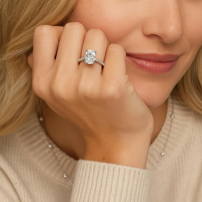 Elongated Cushion Cut Moissanite Solitaire Engagement Ring in Cathedral Channel Pave Setting (3ct. ) - La Pretti