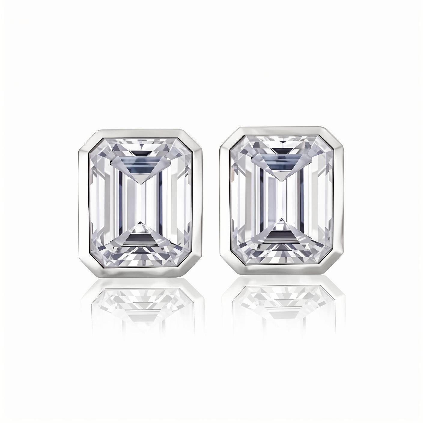 Moissanite Emerald Cut Full Bezel Stud Earrings 18K White Gold Plated Sterling Silver - La Pretti