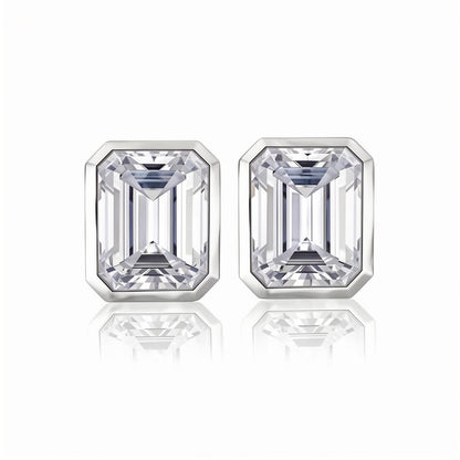 Moissanite Emerald Cut Full Bezel Stud Earrings 18K White Gold Plated Sterling Silver - La Pretti