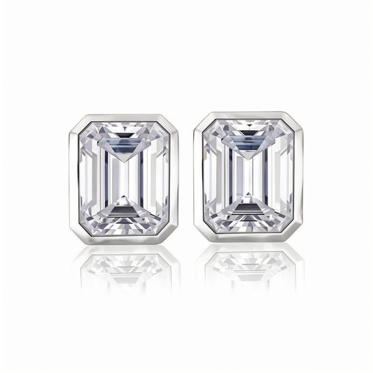 Moissanite Emerald Cut Full Bezel Stud Earrings 18K White Gold Plated Sterling Silver - La Pretti