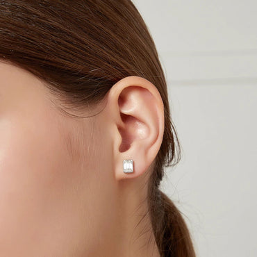 Moissanite Emerald Cut Full Bezel Stud Earrings 18K White Gold Plated Sterling Silver - La Pretti