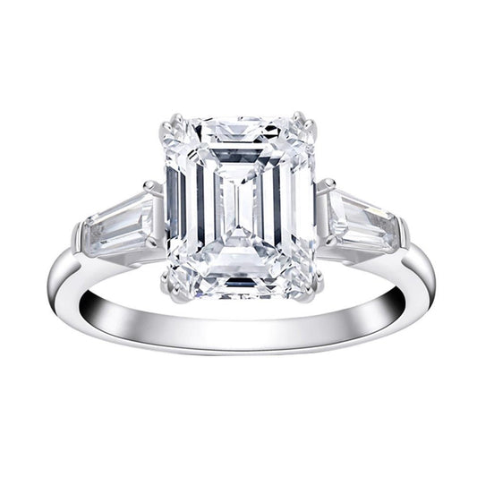 Emerald Cut Moissanite Three Stone Engagement Ring with Tapered Baguette Side Stones(3ct. ) - La Pretti