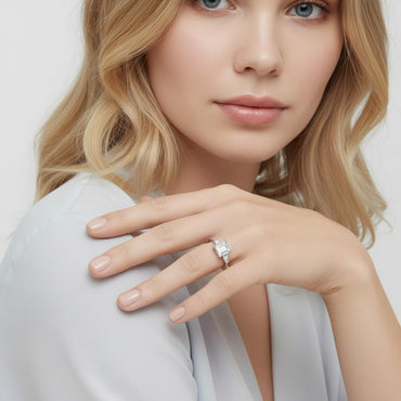 Emerald Cut Moissanite Three Stone Engagement Ring with Tapered Baguette Side Stones(3ct. ) - La Pretti
