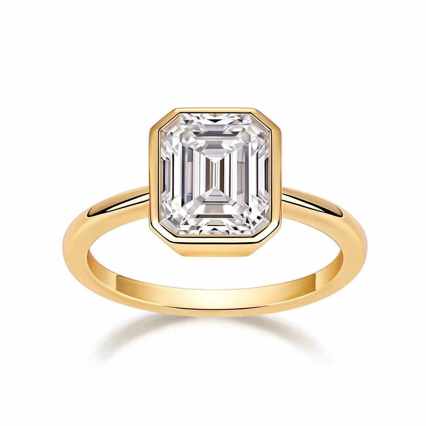 Moissanite Emerald Full Bezel Engagement Ring in Yellow Gold (3ct. ) - La Pretti