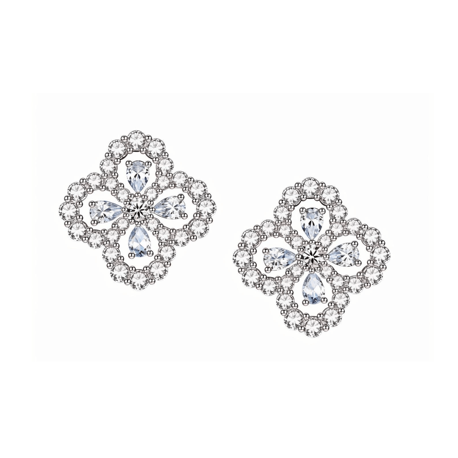 Pear Shaped Clover Moissanite Stud Earrings with Floral Halos in 18K White Gold Plated Sterling Silver Openwork Accented Border - La Pretti