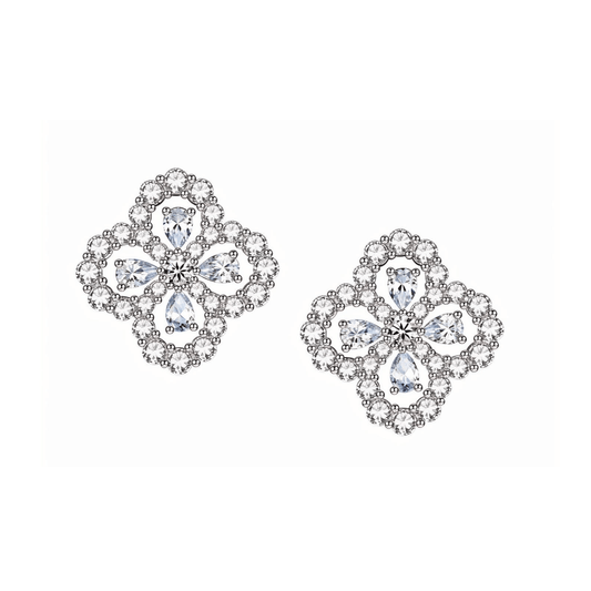Pear Shaped Clover Moissanite Stud Earrings with Floral Halos in 18K White Gold Plated Sterling Silver Openwork Accented Border - La Pretti
