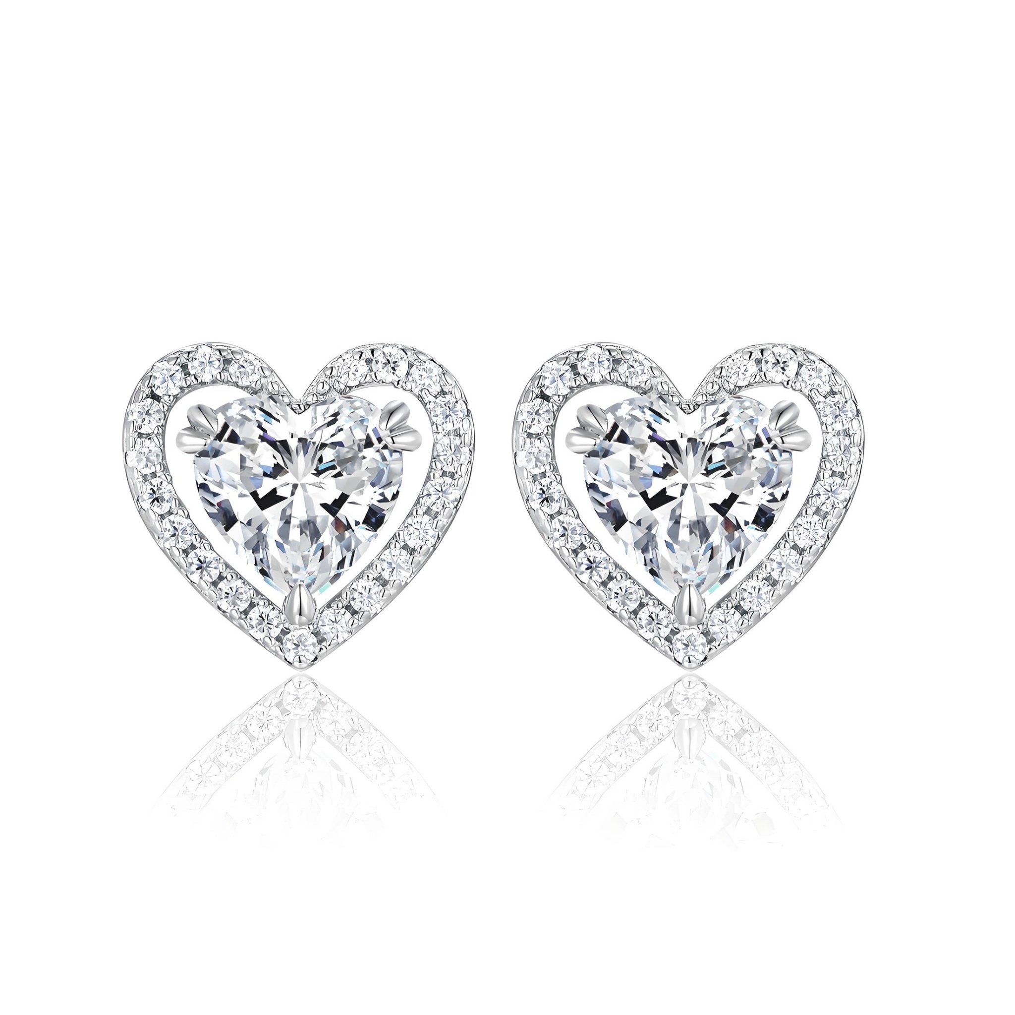 Heart Shaped Moissanite Stud Earrings with Floating Halo in 18K White Gold Plated Sterling Silver (2ct. ) - La Pretti