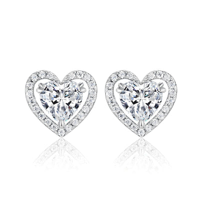 Heart Shaped Moissanite Stud Earrings with Floating Halo in 18K White Gold Plated Sterling Silver (2ct. ) - La Pretti