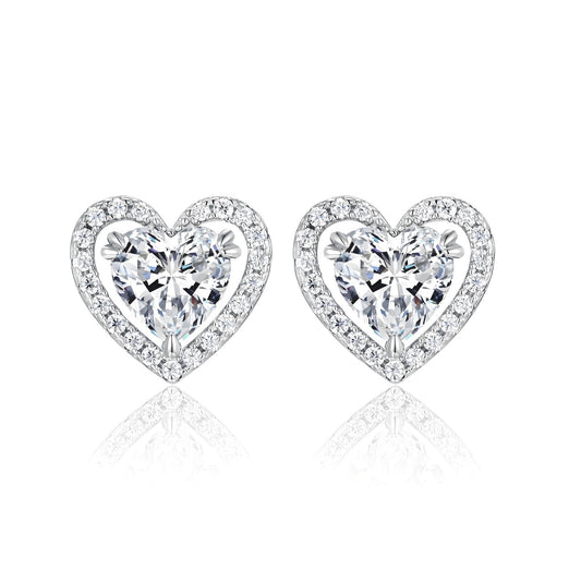 Heart Shaped Moissanite Stud Earrings with Floating Halo in 18K White Gold Plated Sterling Silver (2ct. ) - La Pretti
