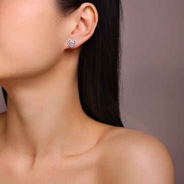 Heart Shaped Moissanite Stud Earrings with Floating Halo in 18K White Gold Plated Sterling Silver (2ct. ) - La Pretti